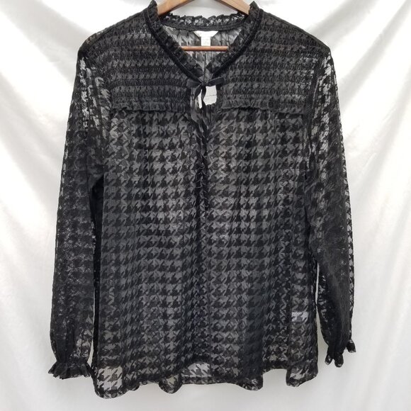 Est. 1946 Gothic Black Burnout Velvet Houndstooth Sheer Ruffle Top Size 18/20 - Picture 1 of 8